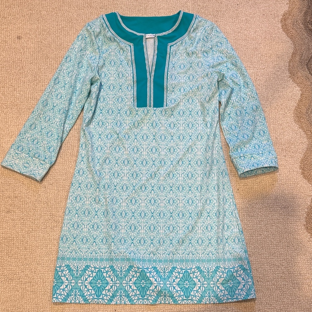 Cabana Life UPF Cover up Teal Tunic with White Embroidered Trim